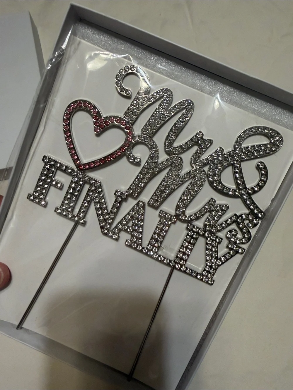 Silver 'Mr & Mrs Finally' Cake Topper with Pink Heart Accent